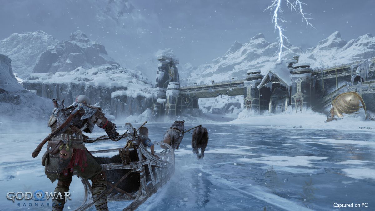 Kratos and Atreus sliding through the world map in God of War Ragnarok.