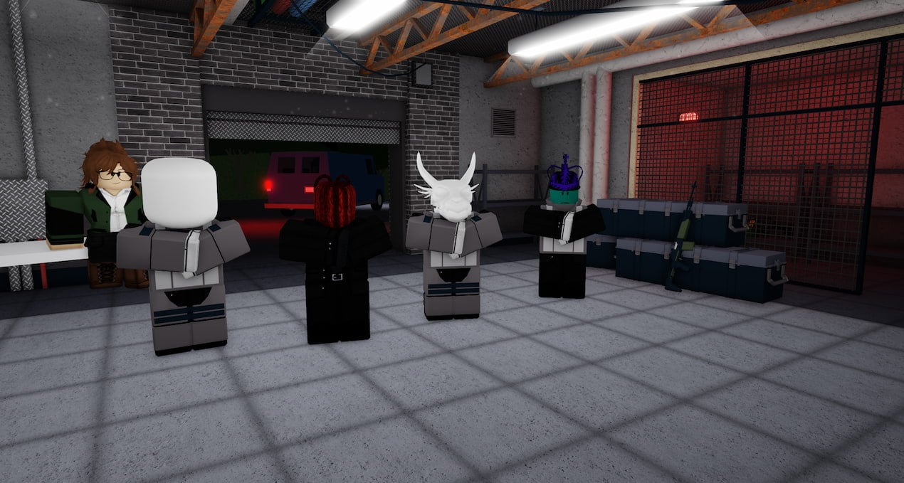 Four Roblox characters are waiting for a heist to begin