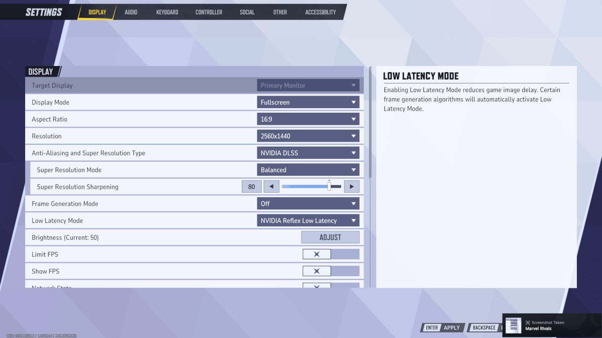 Marvel Rivals display settings menu