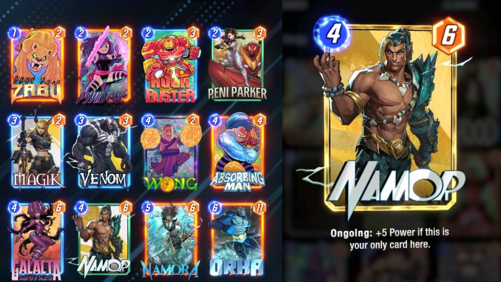 A deck list featuring Namor