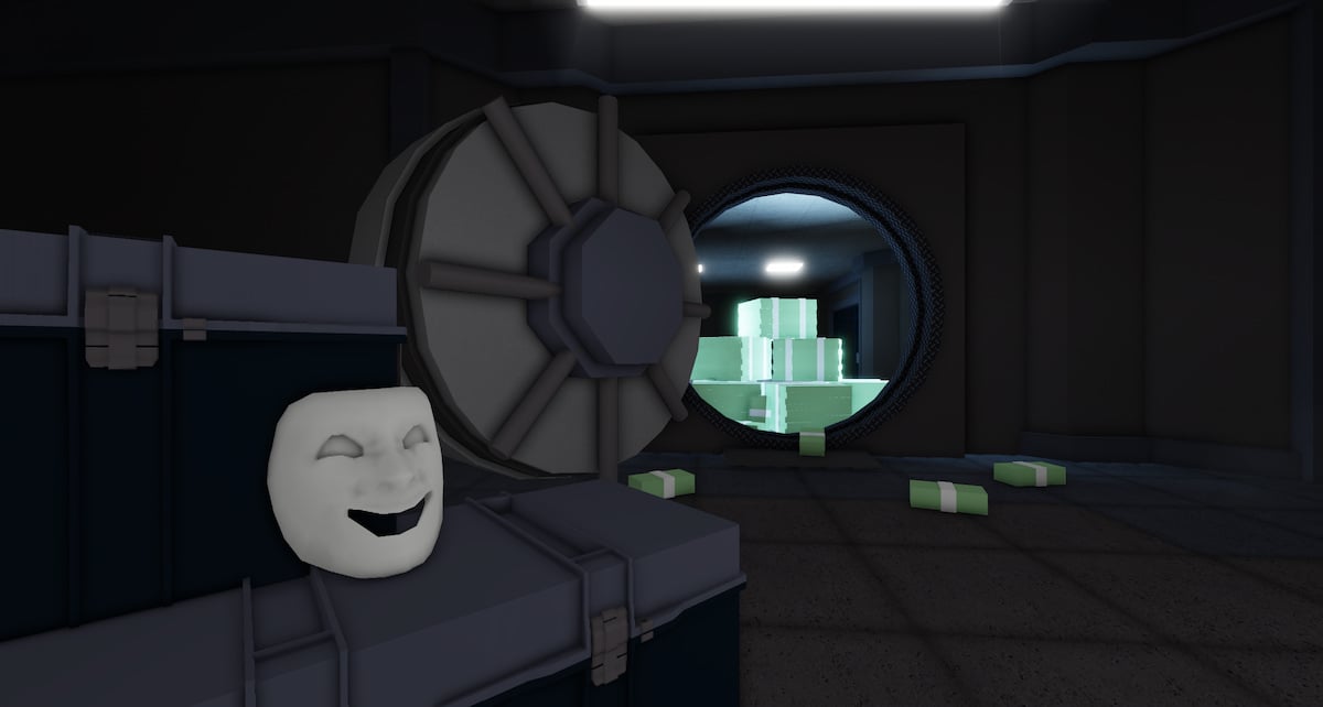 An open safe full of money with a smiling mas on the desk next to it in Roblox Notoriety