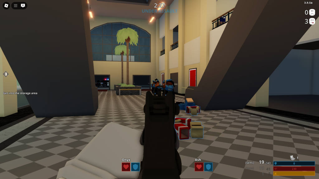 A Roblox character is aiming down the sight in Notoriety