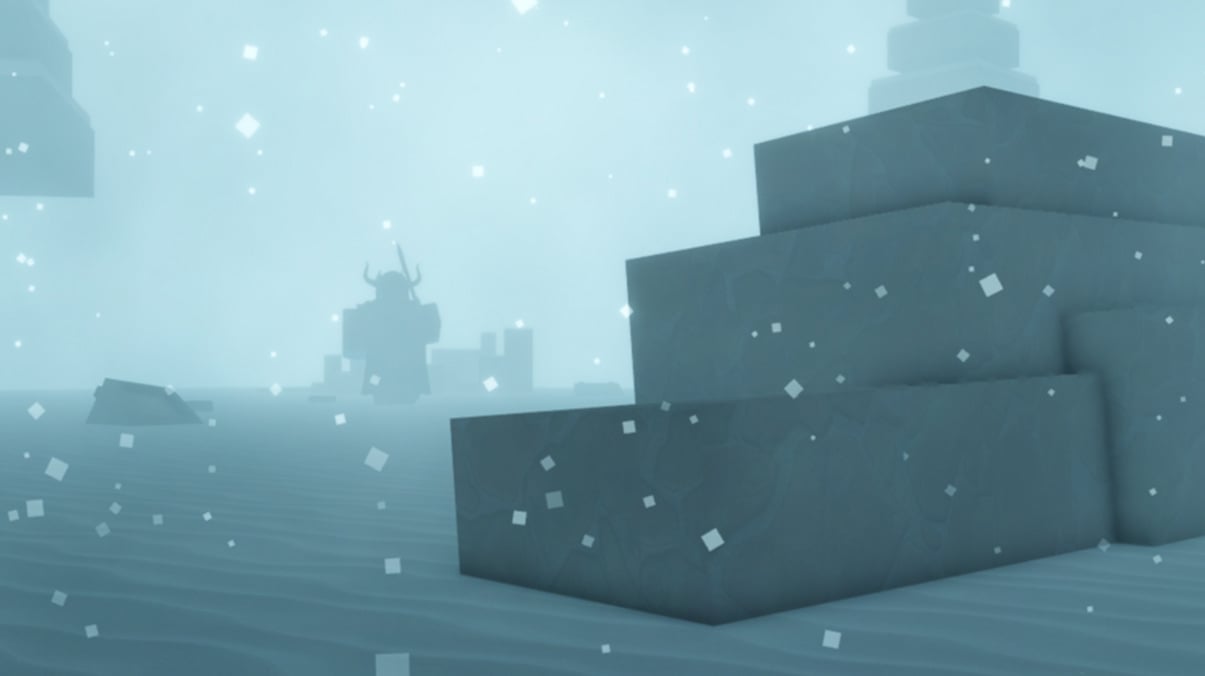 A foggy thundra with a viking-like enemy in the distance in Roblox Pilgrammed: The Raindrops