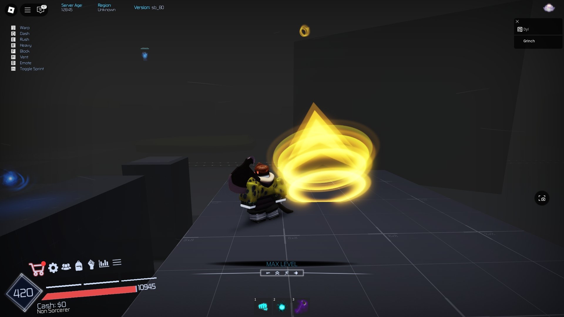 Roblox player is standing on a practice platform in Sandbox mode of Jujutsu Infinite