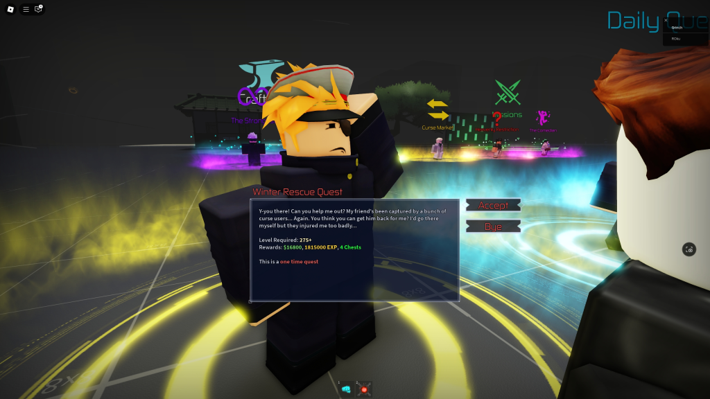 Roblox player is talking to a quest giver in Jujutsu Infinite in Sandbox mode