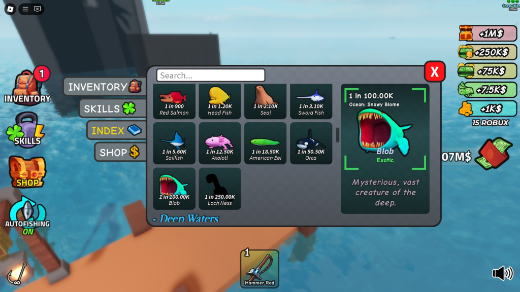 A fishing index in GO FISHING Roblox