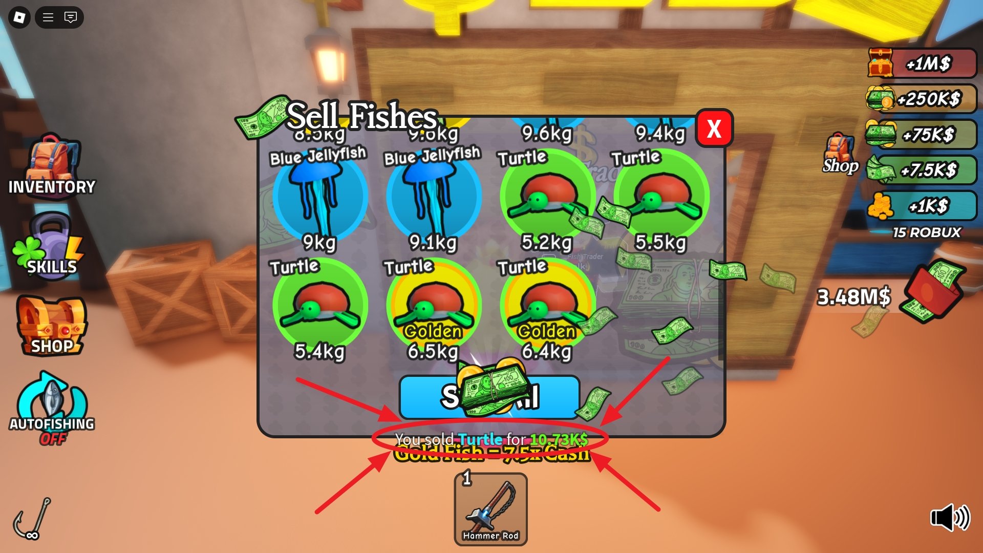 GO FISHING inventory screen showing how much the player gets for selling a regular Turtle