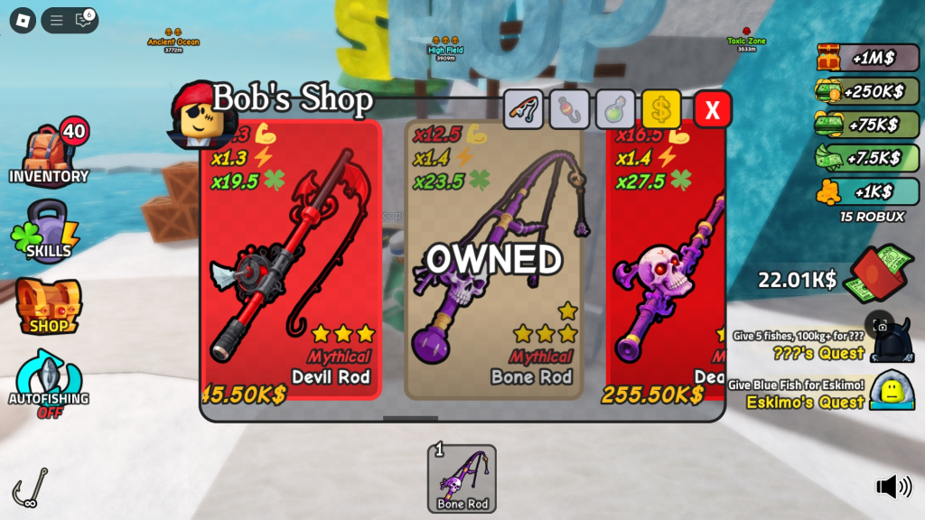 Rod shop in Go Fishing Roblox showing off different kinds of fishing rods.