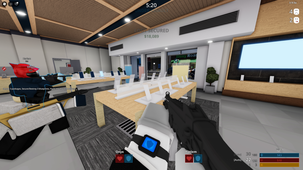 A Roblox character is holding a gun in a Roblox electronics store