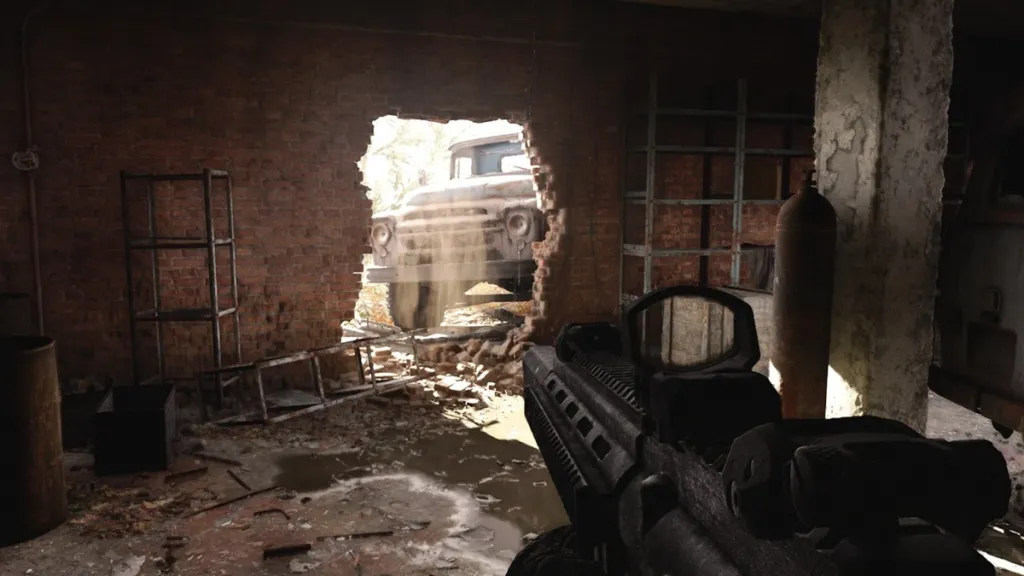 A gameplay screenshot from STALKER 2 showing off the SOFMOD rifle.