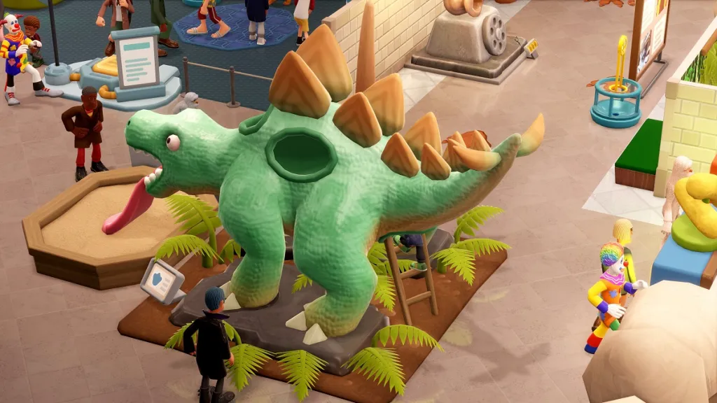 Two Point Museum child climbs up butt of plastic stegosaurus