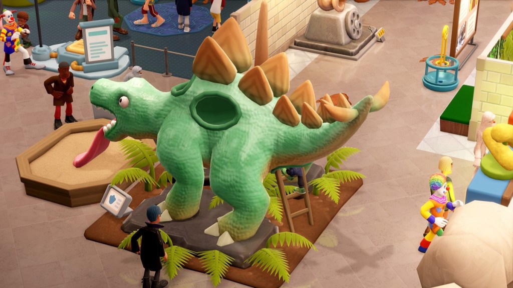 Two Point Museum child climbs up butt of plastic stegosaurus