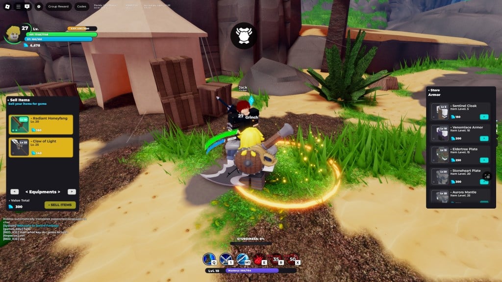 Roblox character is selling items in Sword Fantasy