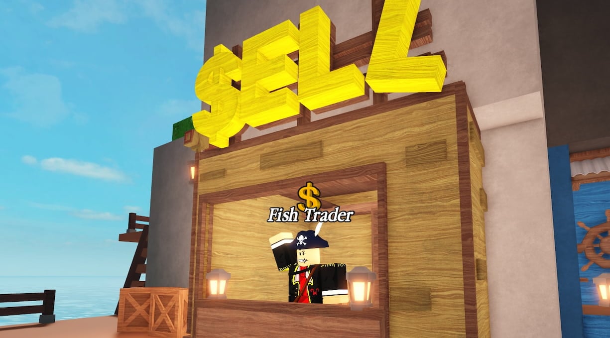 A Fish Trader in GO FISHING Roblox at his stall