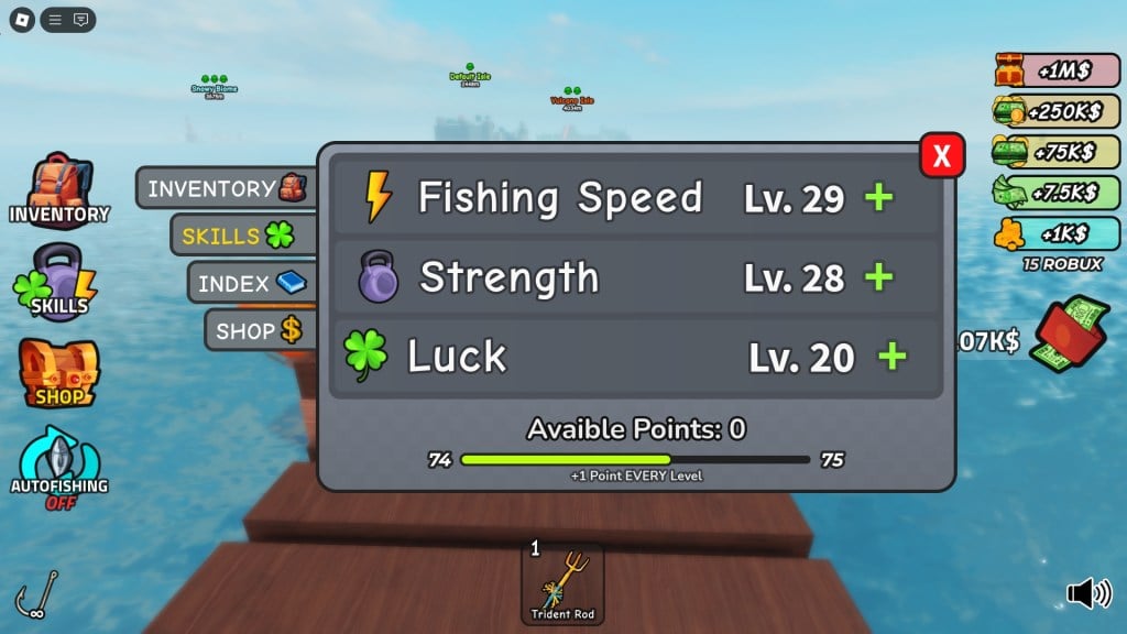 A window showing the skills in GO FISHING Roblox