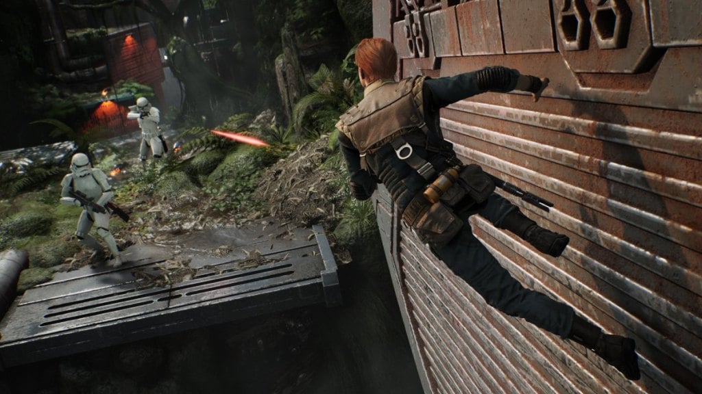 Cal Kestis runs along a wall during combat in Star Wars Jedi: Fallen Order