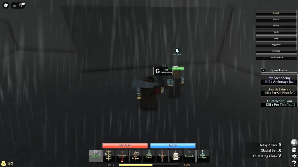 The Duke of Rocks in Pilgrammed the Raindrops. Two Roblox players are talking to him