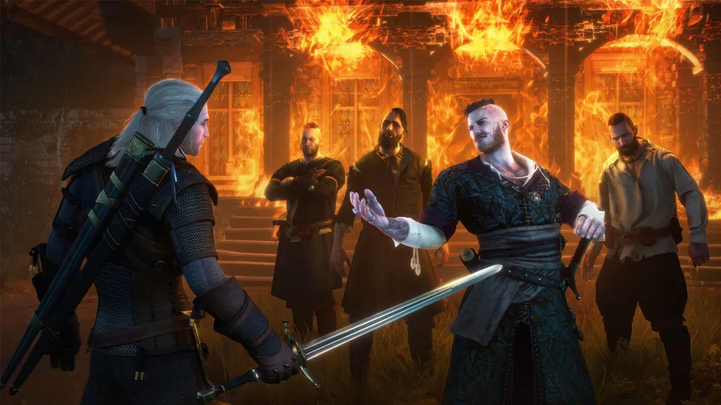 Geralt in front of a burning building in The Witcher 3: Wild Hunt