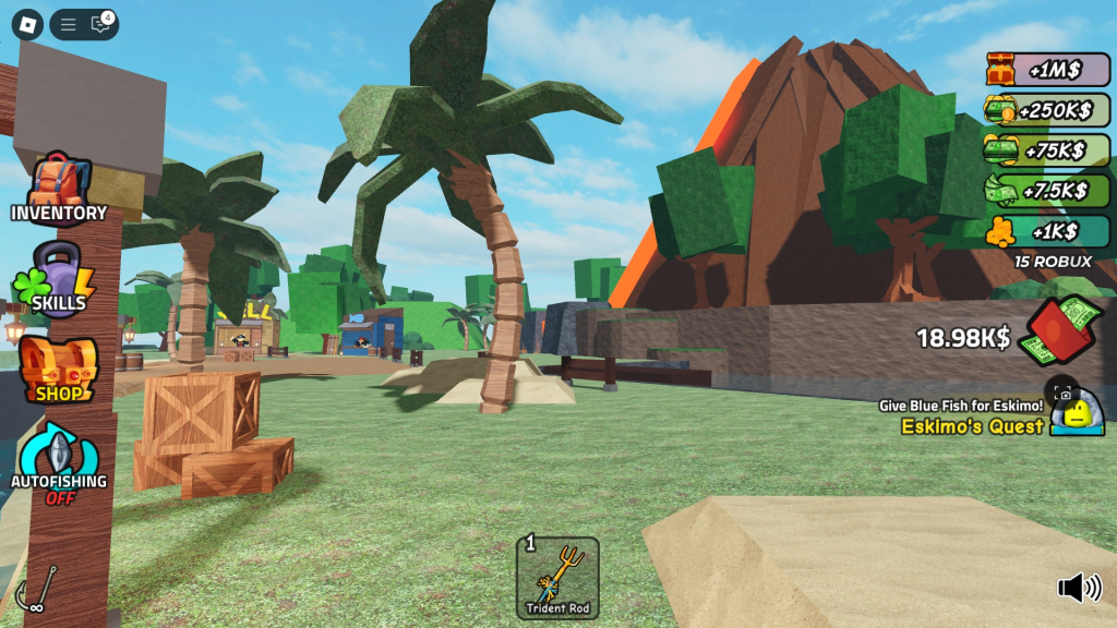 Volcano Isle from GO FISHING Roblox from a first person view