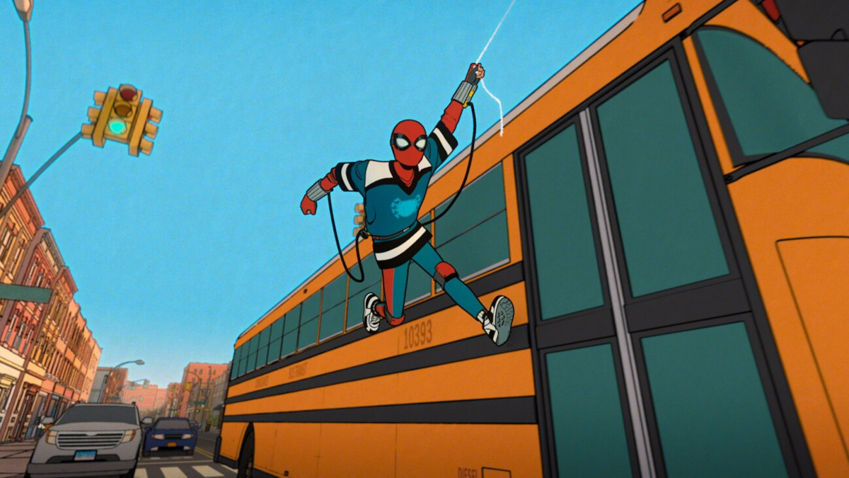 Spider-Man swinging by a buss in Your Friendly Neighborhood Spider-Man