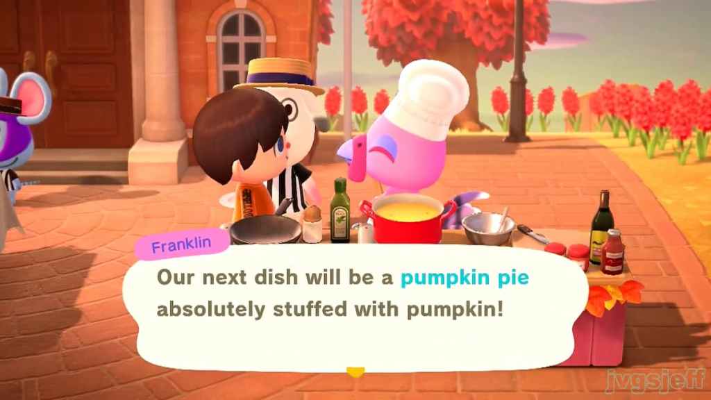 Franklin making a pumpkin pie on Turkey Day