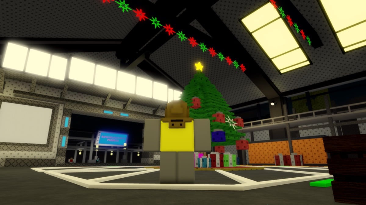 Roblox character in front of a blocky Christmas tree