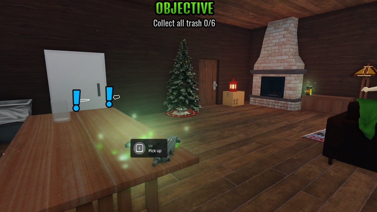 Interior of a house at Christmas with a Uzi on a table