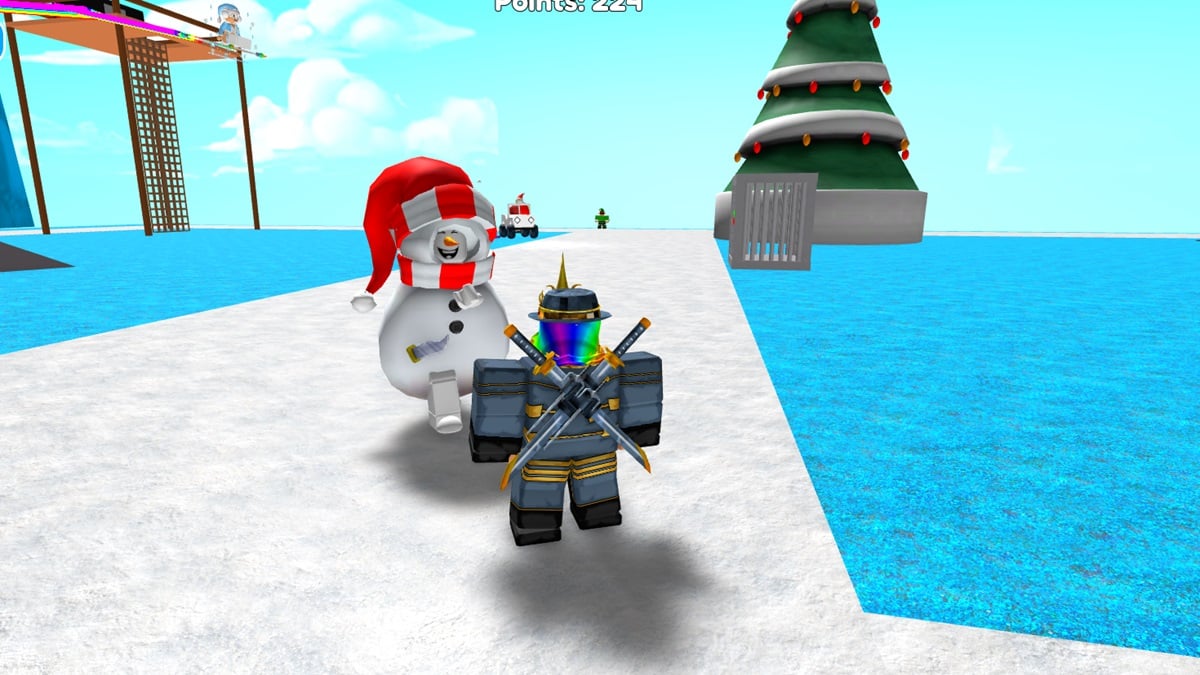 A player with weapons facing a killer snowman