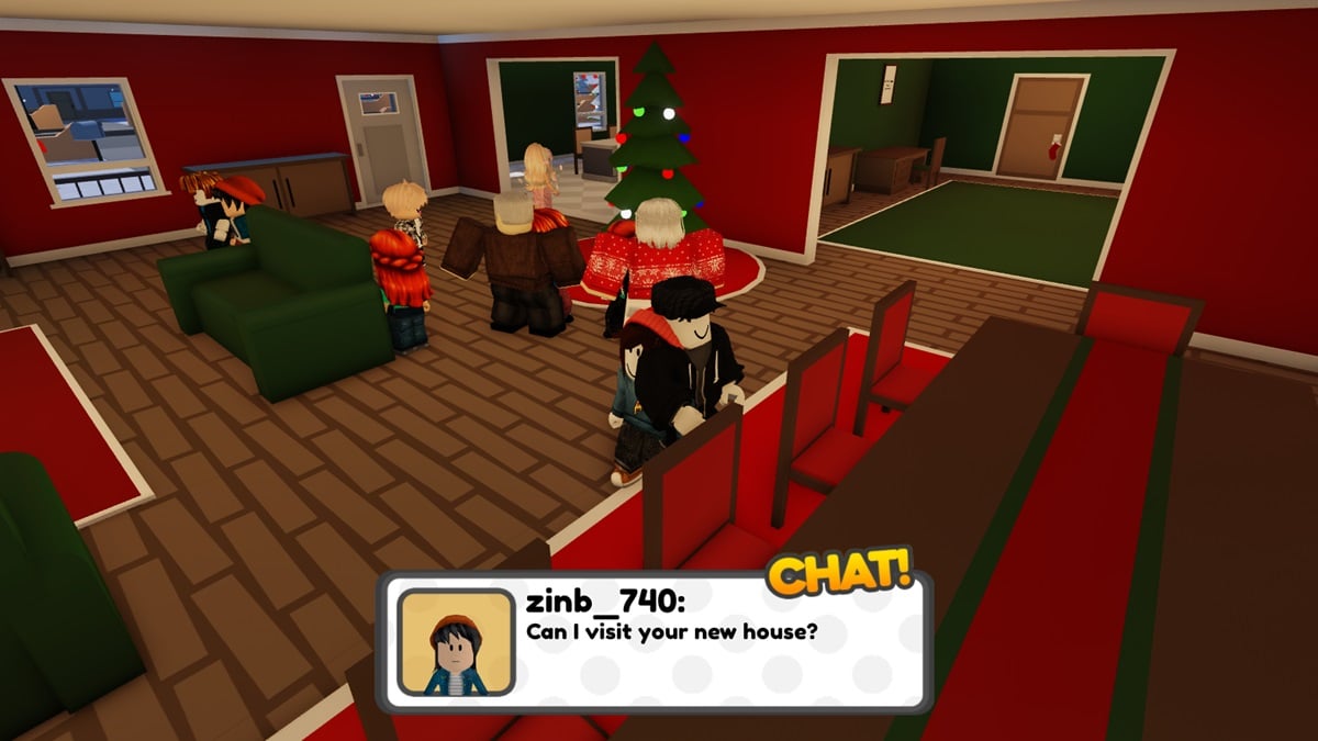 A house with a Christmas tree and roblox characters around