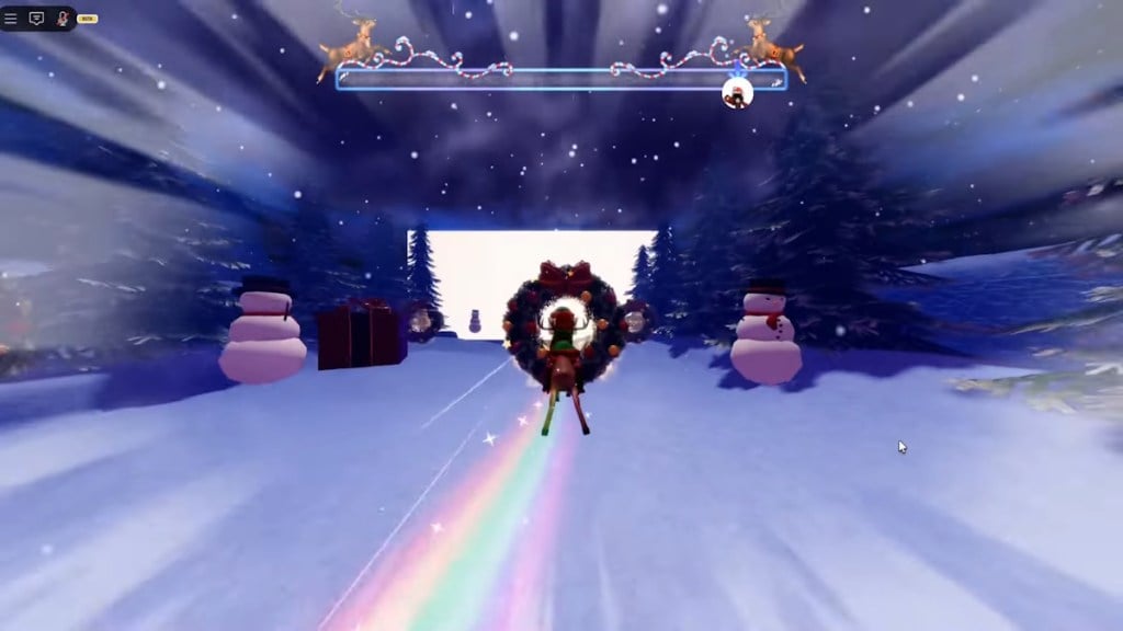 A player racing on a reindeer through the snow