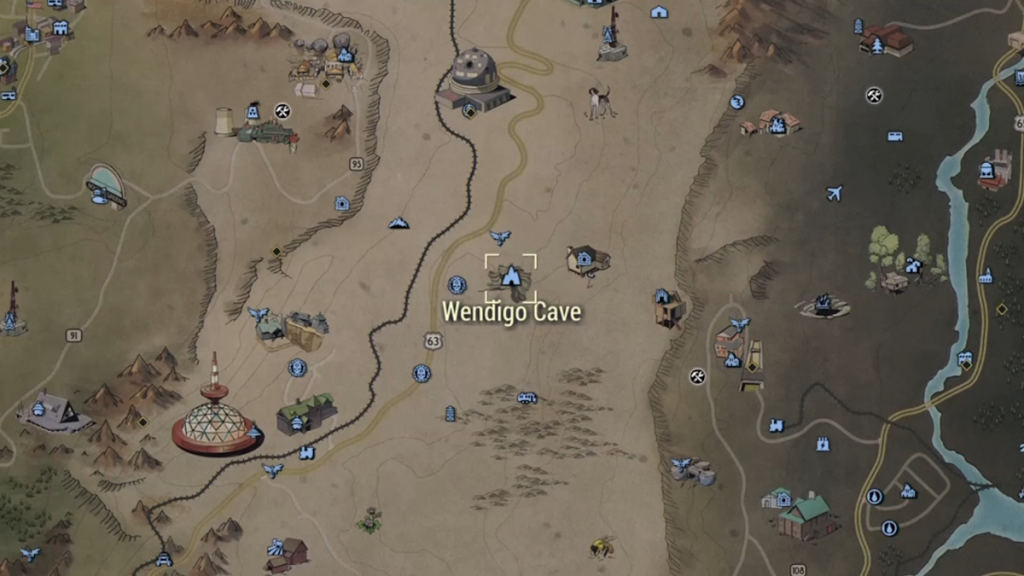 The Wendigo Cave marked on the Fallout 76 map