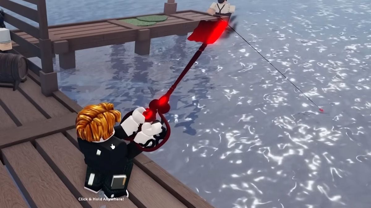 A player fishing at a dock in Fisch on Roblox.