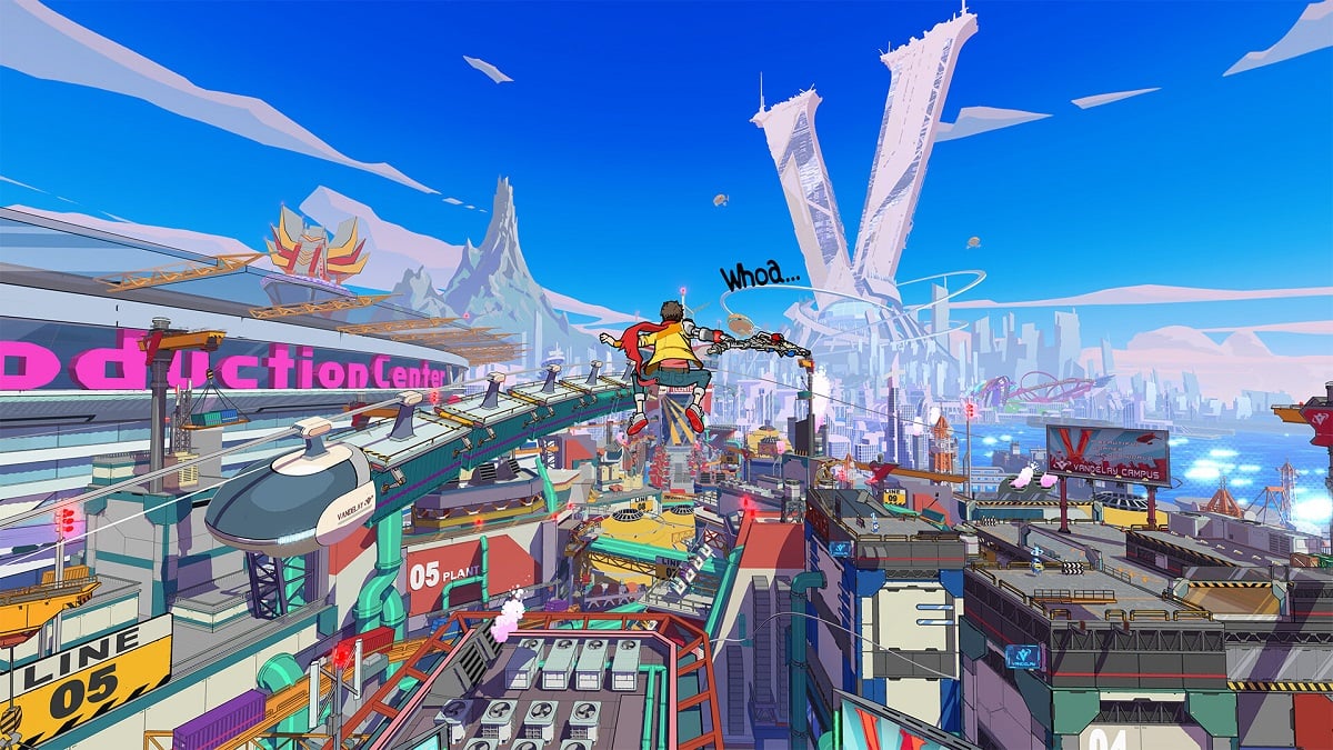 Hi-Fi Rush: a male character leaps into the sky with a sprawling and colorful metropolis in the background.