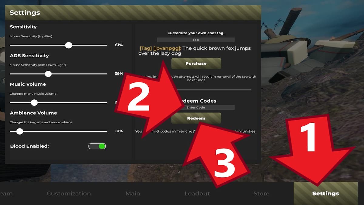 TRENCHES Settings menu and code redemption screen