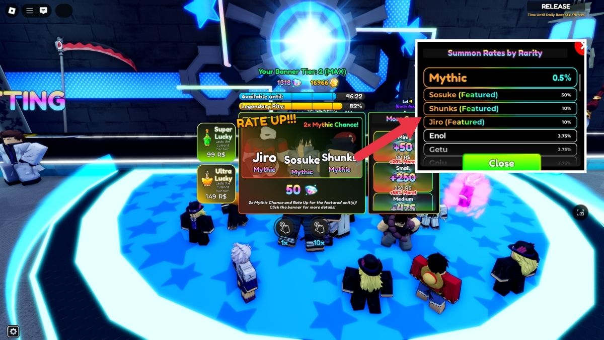 Summon menu in Anime Realms Roblox experience