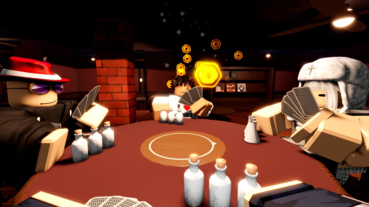 Players sitting at the table in Liars Table Roblox experience