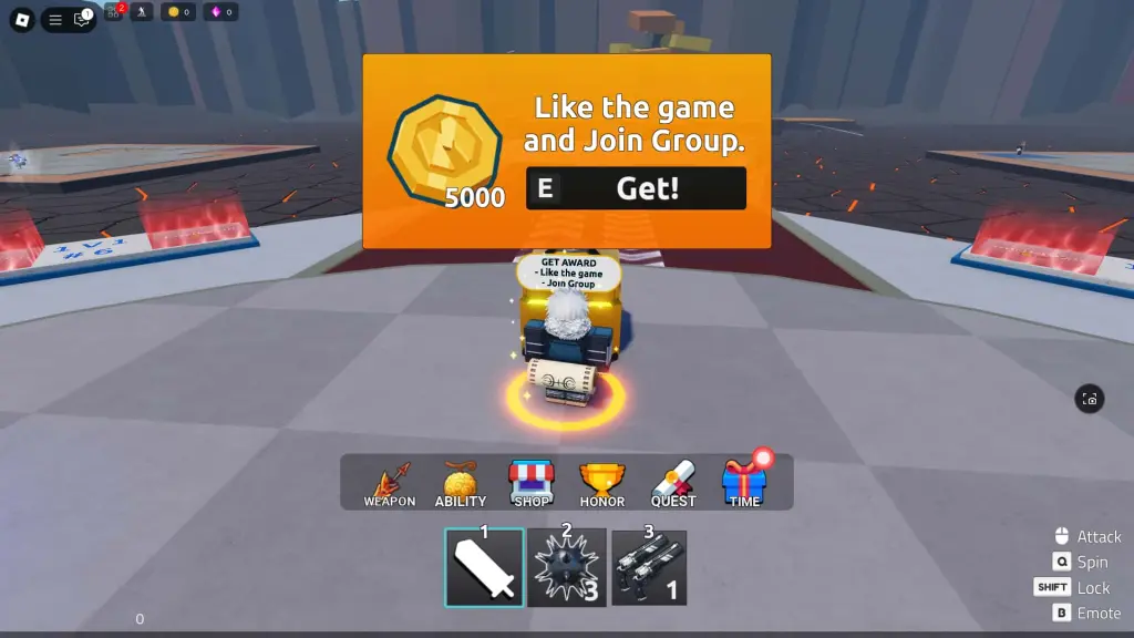 Preview of rewards you get when you like the game and join the Roblox group in Duel Warriors