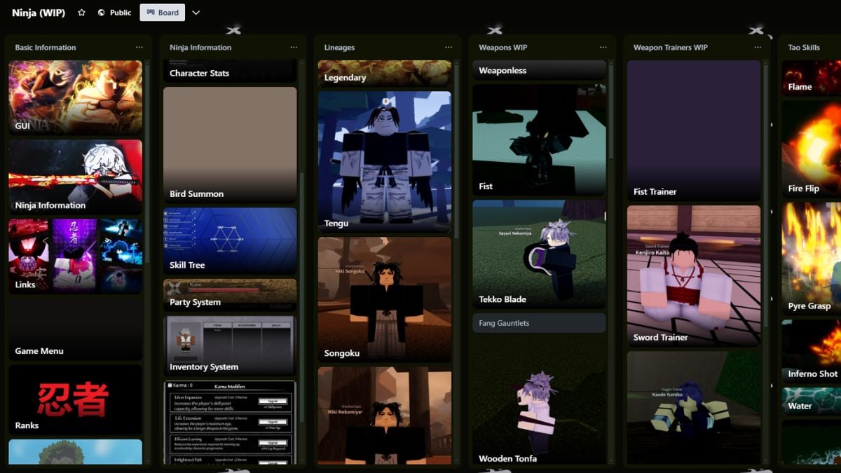 Preview of the Trello board for the NINJA Roblox experience