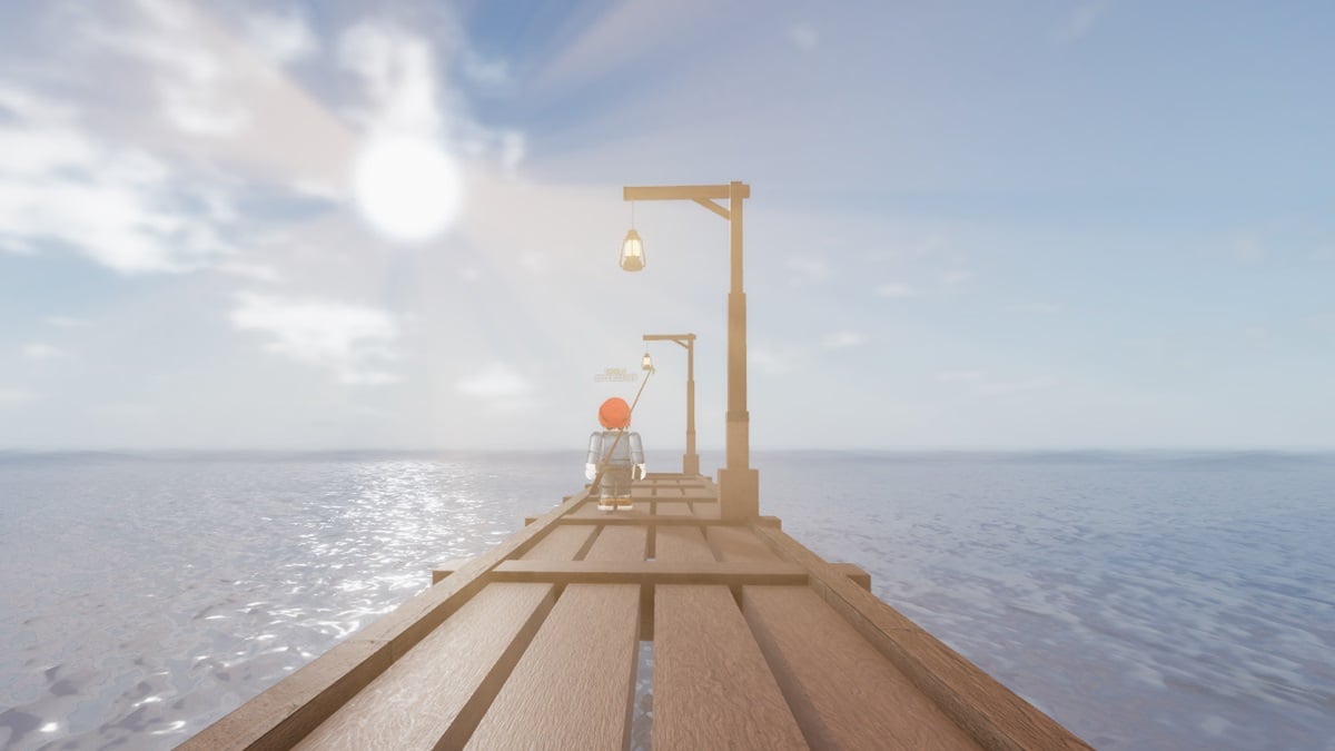 10 Rarest Rods in Fisch, ranked - Roblox character on a pier