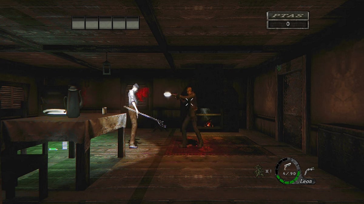 A 2D, sidescrolling version of Resident Evil 4, showing Leon Kennedy shooting an attacking villager.