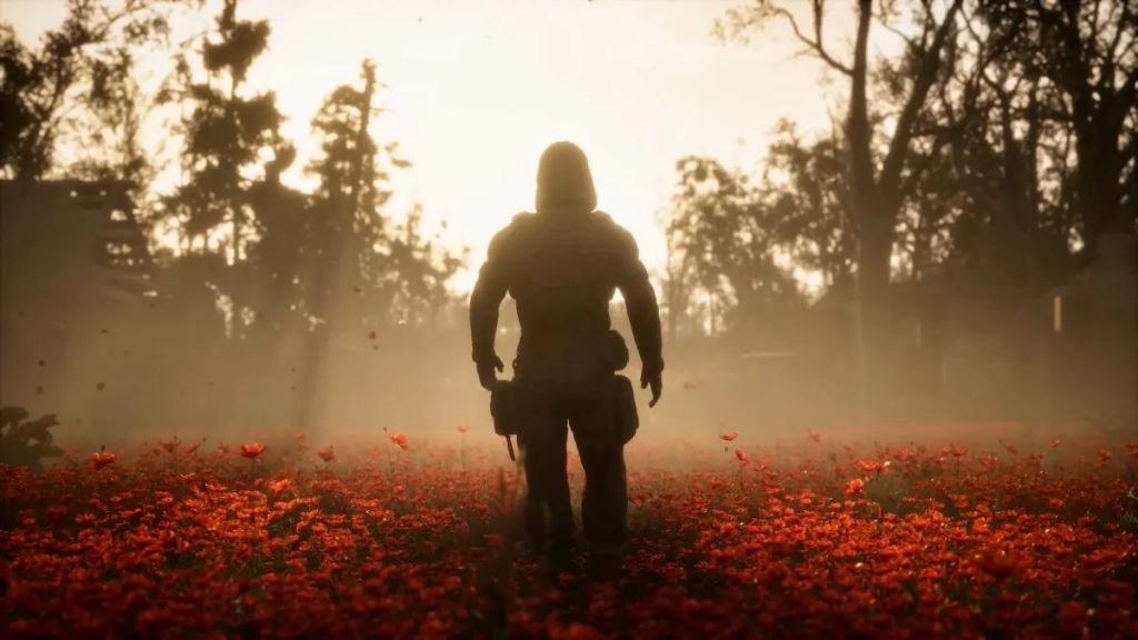  a silhouette of a solider walks towards some decrepit trees lit by sunlight.