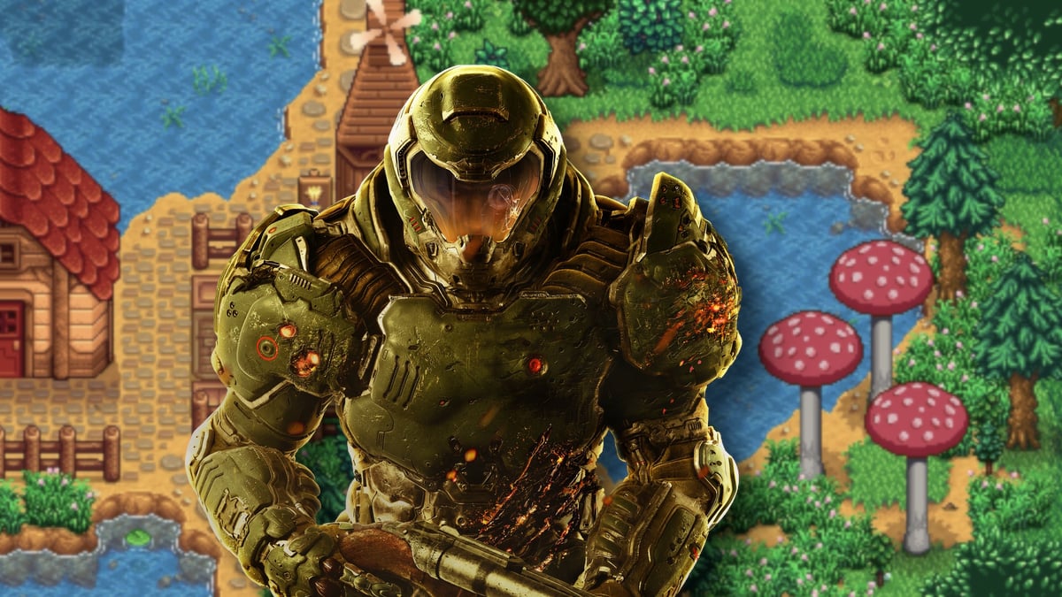 Doom: Doomguy poses in the center with a colorful Stardew Valley farm behind him.