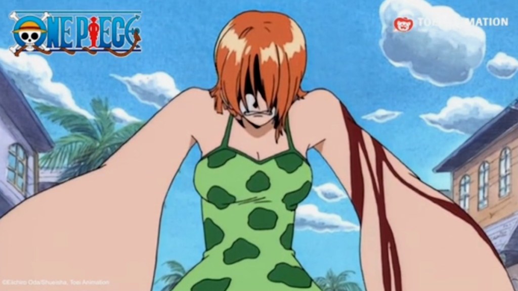 Nami crying after stabbing her arm in One Piece