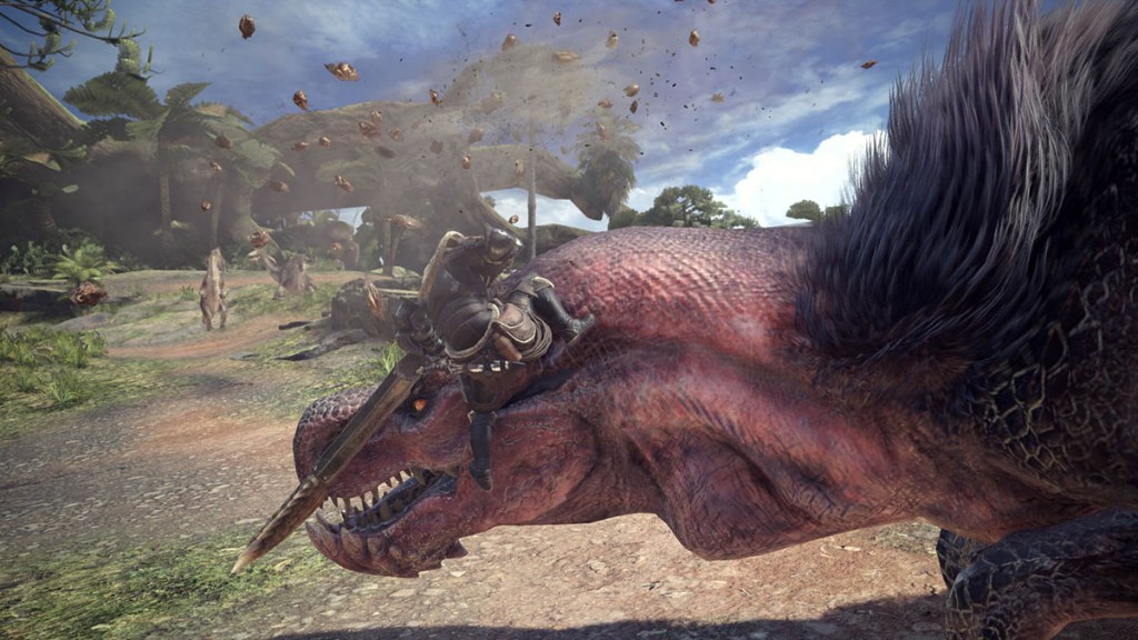 The hunter faces an Anjanath in Monster Hunter World.