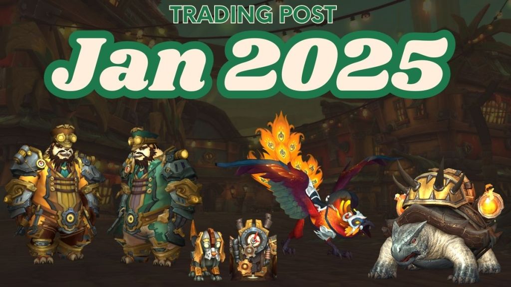 From left to right, two pandaren dressed in steampunk outfits, a mechanical dog, a mechanical backpack, a flaming peacock mount, and a turtle mount with canons