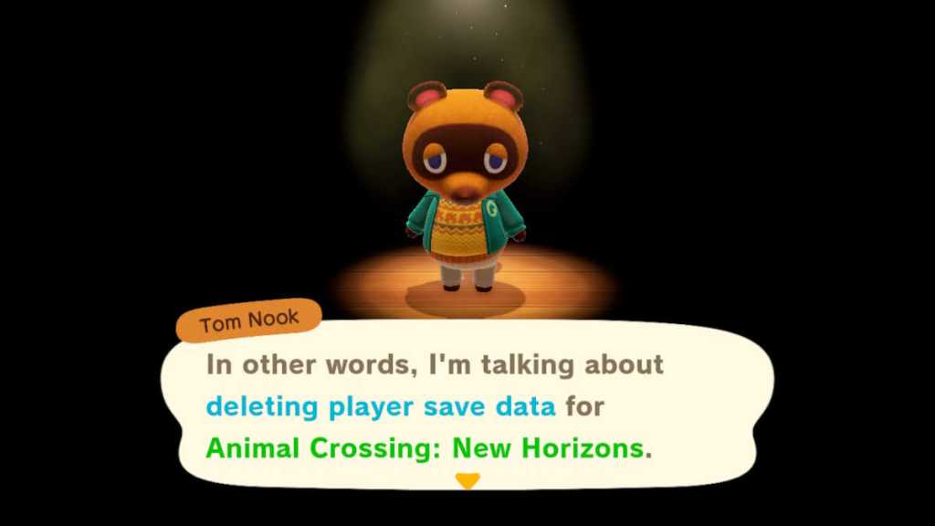 Tom Nook discussing deleting save data in Animal Crossing: New Horizon