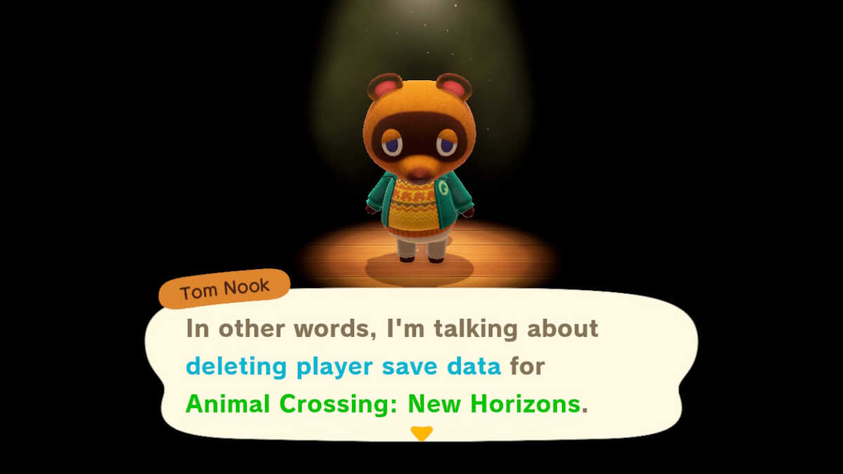 Tom Nook discussing deleting save data in Animal Crossing: New Horizon