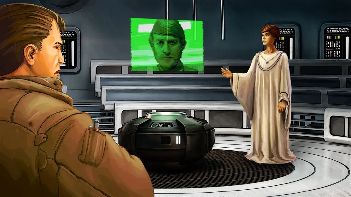 Kyle Katarn being briefed on a mission