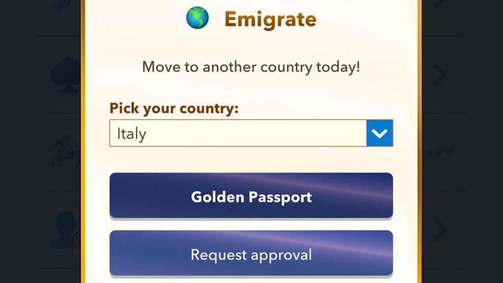 BitLife emigrate menu