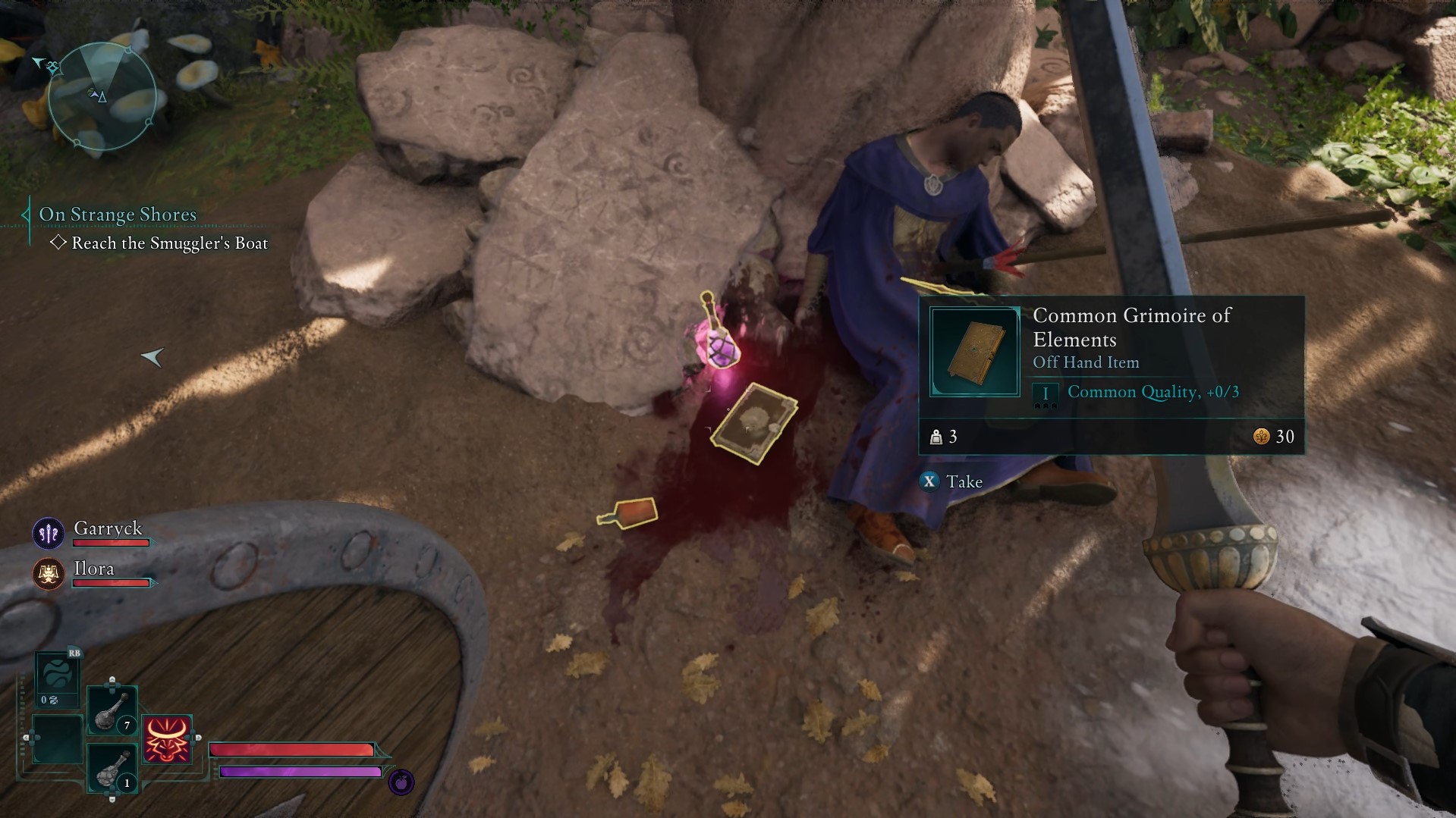 A common grimoire of elements next to a corpse in Avowed